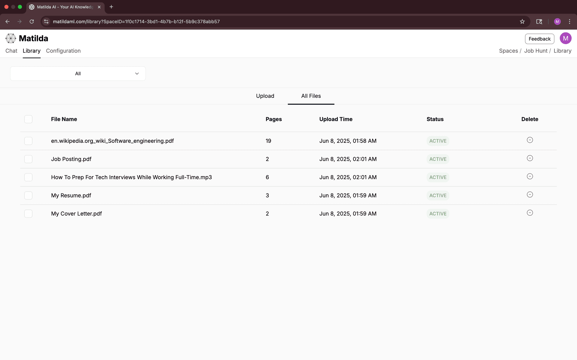 Screenshot of Library view showing multiple uploaded files