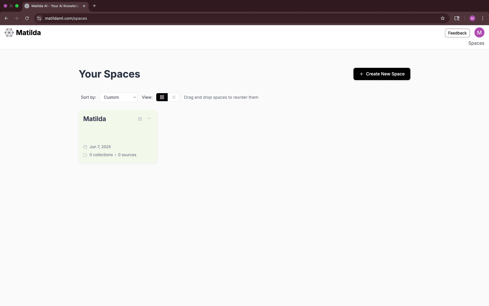 Screenshot of Matilda homepage dashboard showing Create New Space button